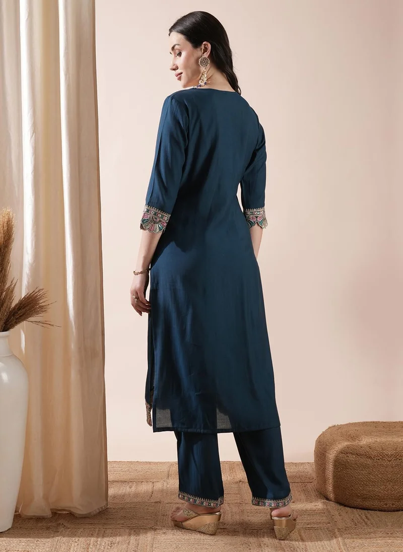globus  Globus Women Ethnic Motifs Yoke Design Thread Work Straight Kurta With Trousers Festive Set for Women | Best Price UAE